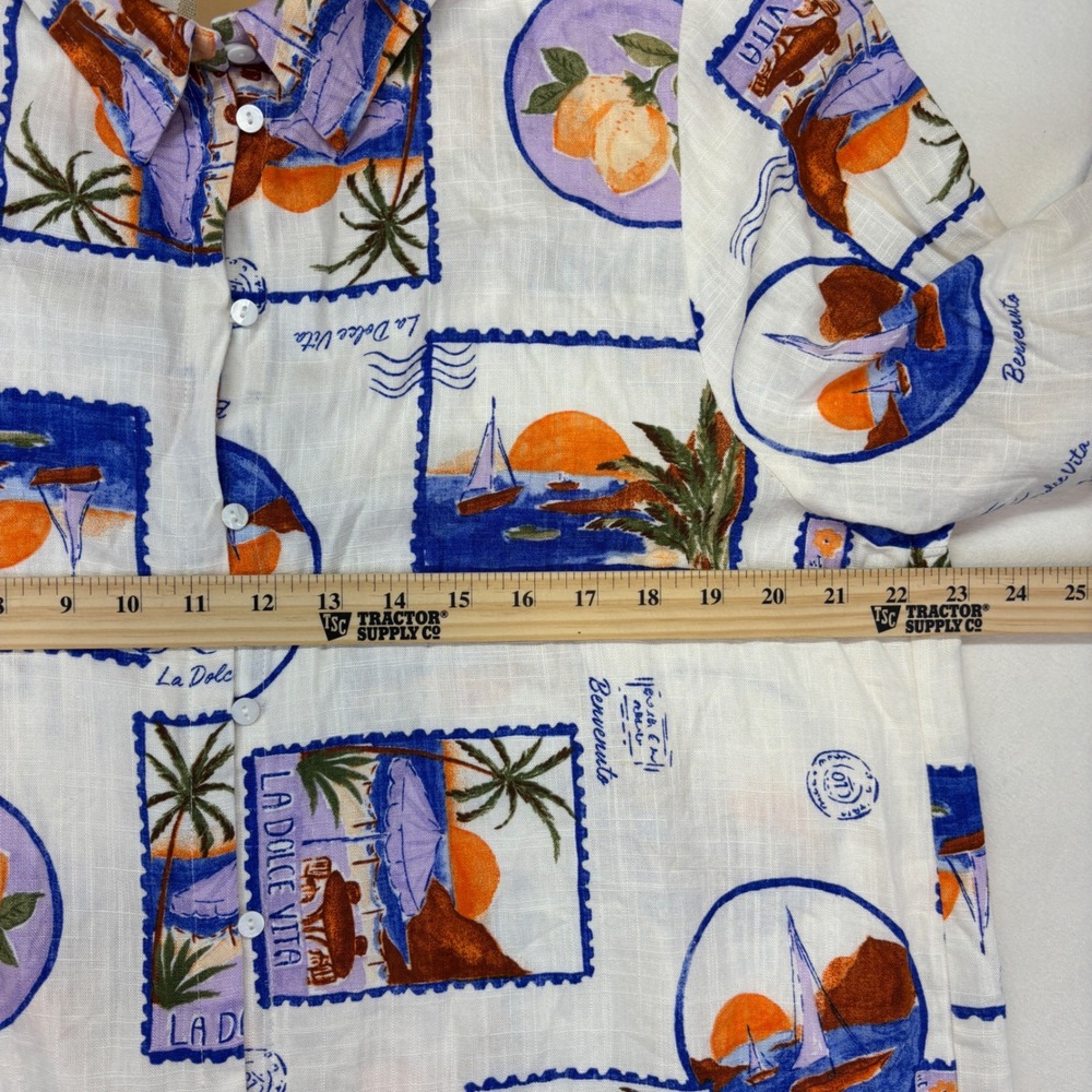 Label of Love Mens Linen Blend Postcard‎ Print Button Down Shirt Blue Moon L NEW - Picture 5 of 11